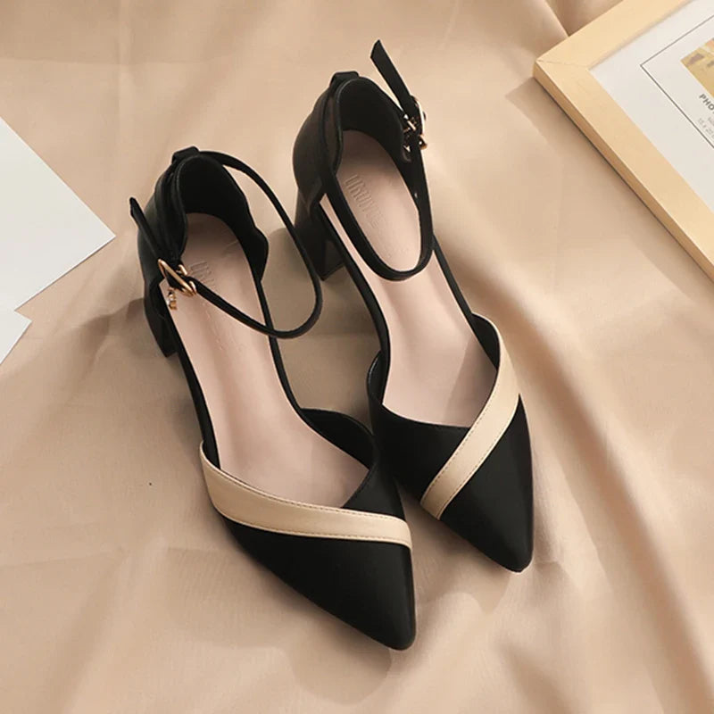 Med Heels Pumps Women Pointed Toe Ankle Strap High Heels Shoes Woman Pu Leather Patchwork Office Shoes Female-Dollar Bargains Online Shopping Australia