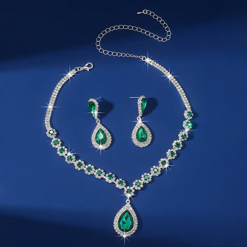 Luxury Red Green Blue Crystal Necklace Earrings For Women Water Drop Pendant Wedding Bride Jewelry Sets-Dollar Bargains Online Shopping Australia