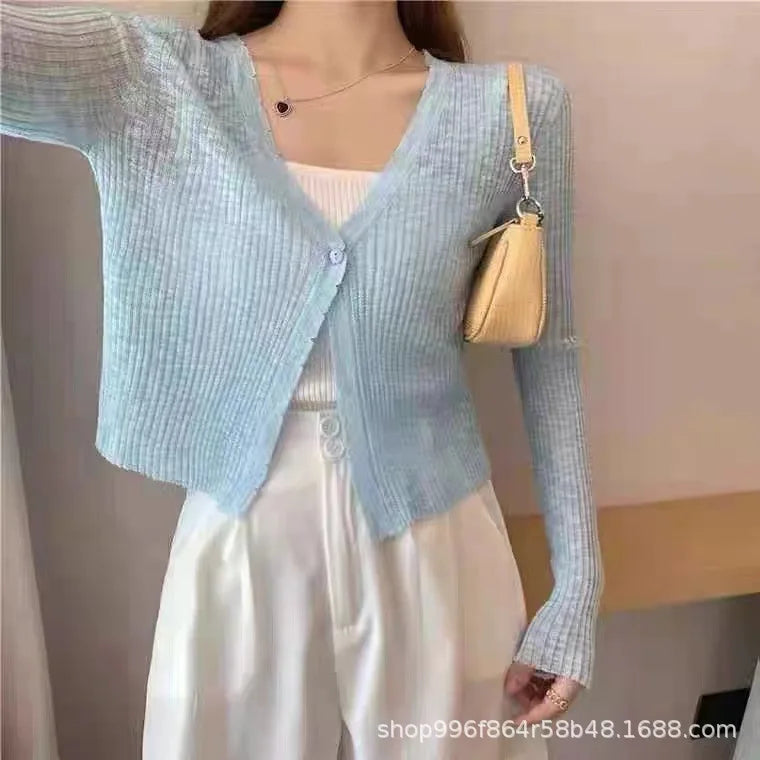 Sexy Women V Neck Button Long Sleeve Cropped Knitted Loose Sweater Tops-Dollar Bargains Online Shopping Australia