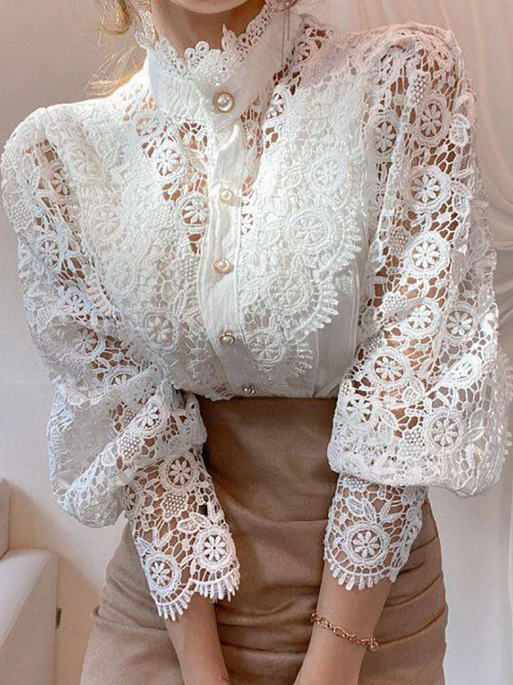 Women Chiffon Button Turtleneck Shirt Chic Elegant Floral Lace Fluffy Long Sleeve Top Fashion Hollow Oversize White Blouse-Dollar Bargains Online Shopping Australia