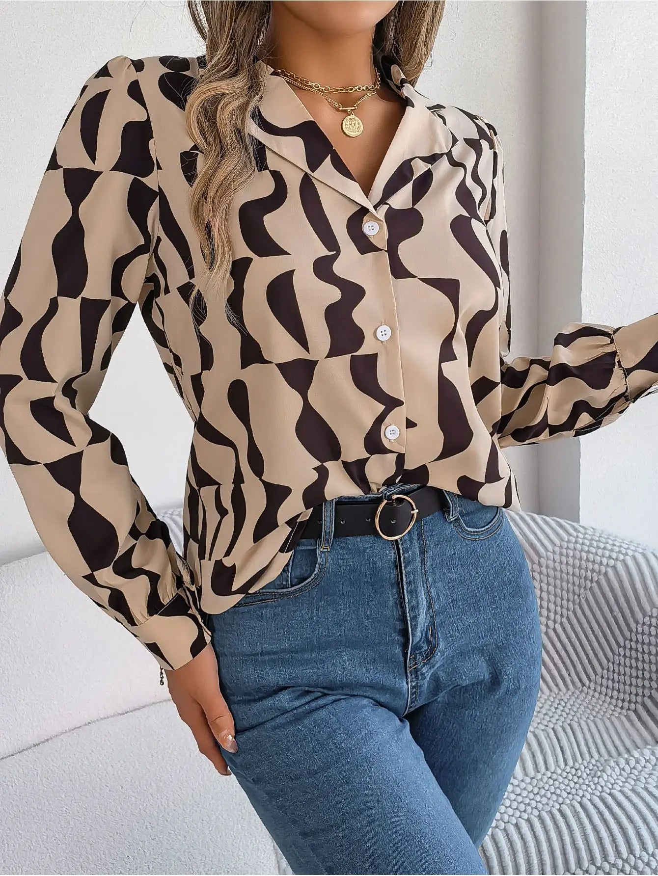 Office Lady Shirts Contrast Stripe Notched Collar Long Sleeve Tops Women Single Breasted Elegant Shirt-Dollar Bargains Online Shopping Australia