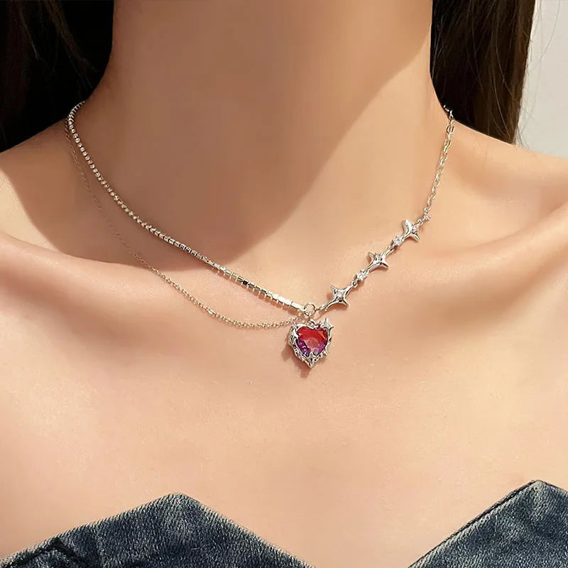 Kpop Heart Necklace French Lucky Bean Love Clavicle Chain Korean Simple Female double layer Necklace Female Pendant for Women-Dollar Bargains Online Shopping Australia