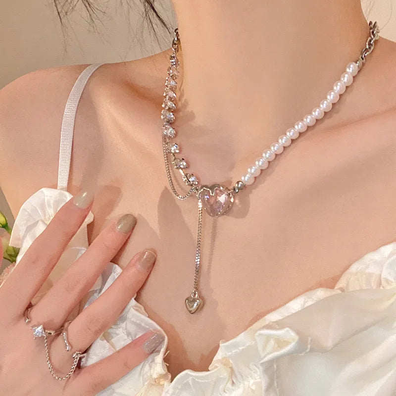 Kpop Heart Necklace French Lucky Bean Love Clavicle Chain Korean Simple Female double layer Necklace Female Pendant for Women-Dollar Bargains Online Shopping Australia