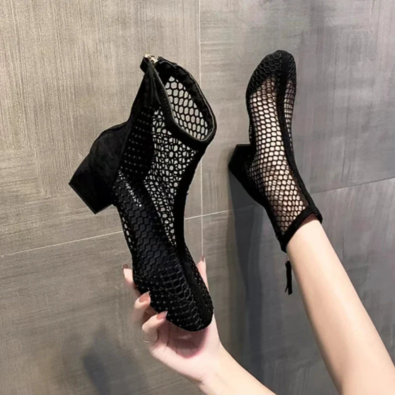 Fashionable Sports Sexy Mesh Hollow Boots Solid Color Square Thick Heel Summer Casual Sandals-Dollar Bargains Online Shopping Australia