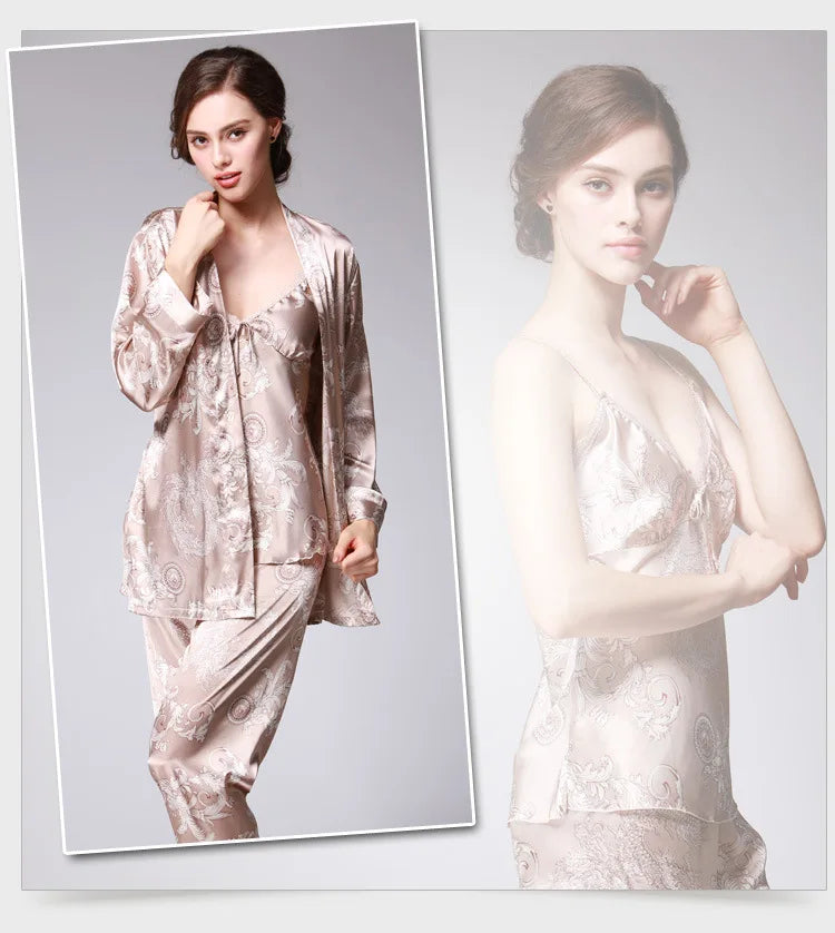 Women's Silk Satin Pajamas Set 3 Pcs Floral Silky Pj Sets Sleepwear Cami Nightwear with Robe and Pant-Dollar Bargains Online Shopping Australia