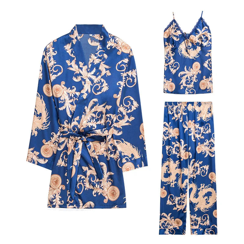 Women's Silk Satin Pajamas Set 3 Pcs Floral Silky Pj Sets Sleepwear Cami Nightwear with Robe and Pant-Dollar Bargains Online Shopping Australia