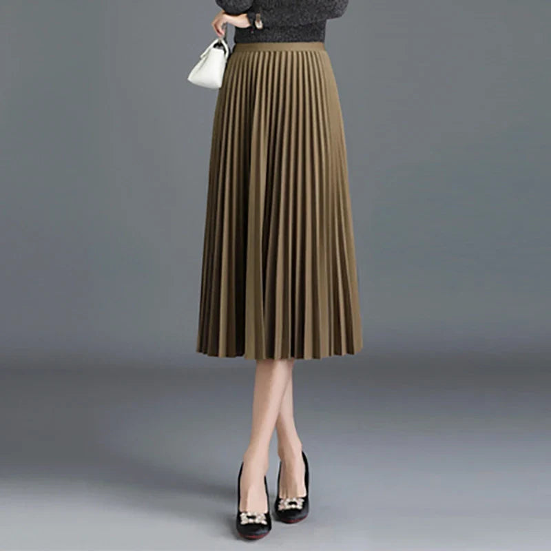 Pleated Skirt Elegant Elastic High Waist A-LINE Office Ladies Work Midi Long Skirt Black Green Grey Autumn Winter Women's Skirt-Dollar Bargains Online Shopping Australia