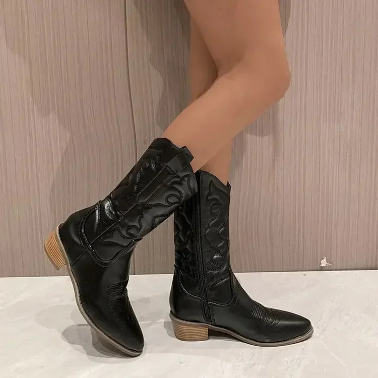 Gold Mid-calf Boots Woman Side Zipper Silver Pointed Western Cowboy Retro Fashion Black Boots Plusn-Dollar Bargains Online Shopping Australia