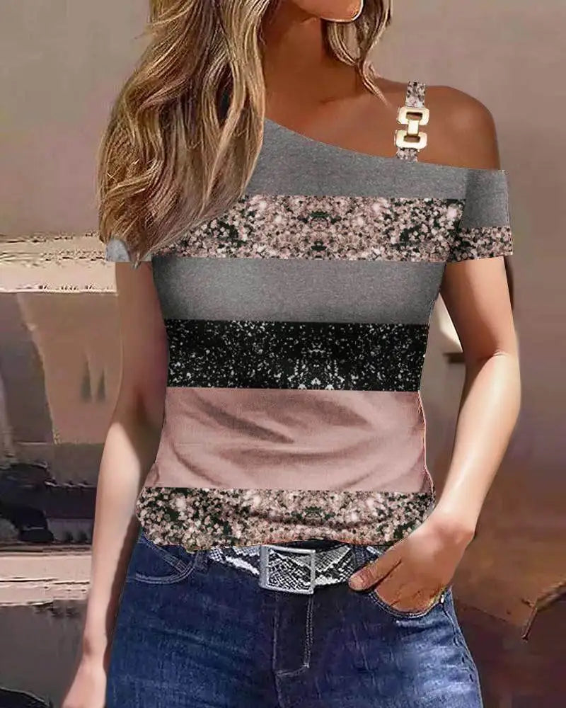 Women Summer Tops Fashion Sexy Lace Stitching Short Sleeve One Shoulder Buckle Loose Shirts Female-Dollar Bargains Online Shopping Australia