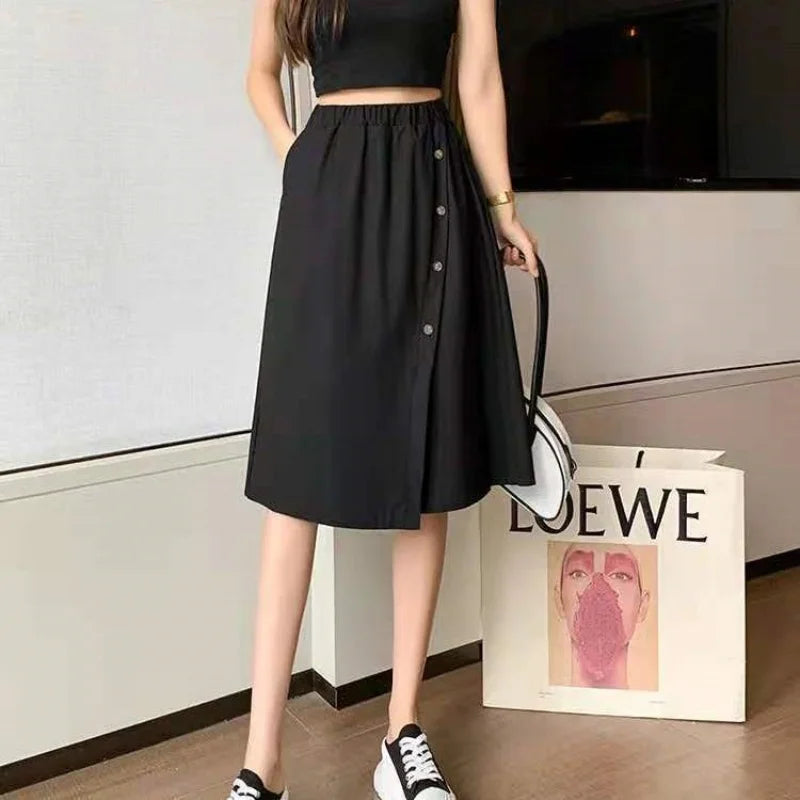 Women High Waist Irregular Knee Length Skirt Pants Office Lady's All-Match Loose Oversize Button Pockets Wide Leg Pants Elegant-Dollar Bargains Online Shopping Australia