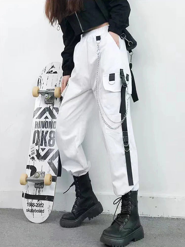 Women Cargo Pants Harem Pants Fashion Punk Pockets Jogger Trousers With Chain Harajuku Elastics High Waist Streetwear-Dollar Bargains Online Shopping Australia