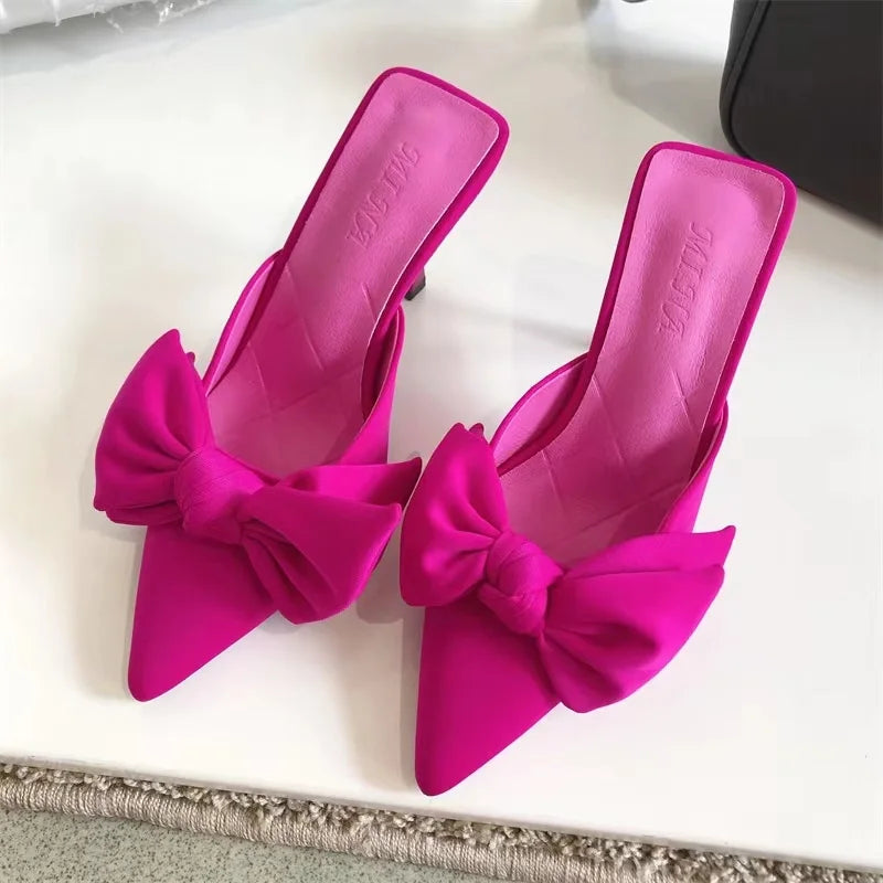 Butterfly-knot Mules Women Slippers Elegant Pointed Toe Thin High Heels Ladies Summer Fashion Party Prom Shoe-Dollar Bargains Online Shopping Australia