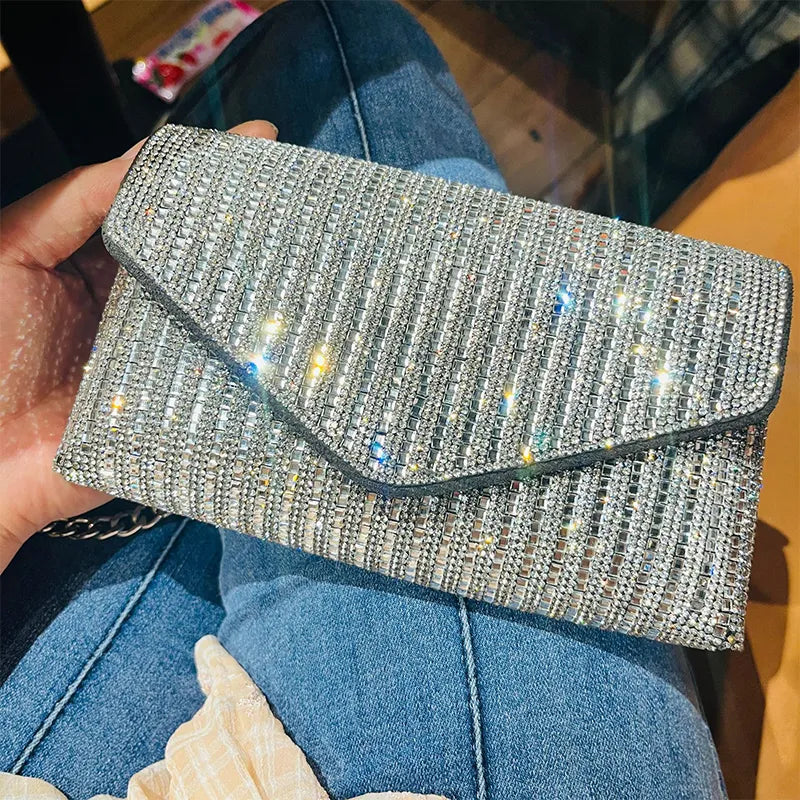 Female Bling Chain Crossbody Bag Ladies Mini Rhinestone Small Envelop Shoulder Purse Full Diamond Messenger Evening Bag