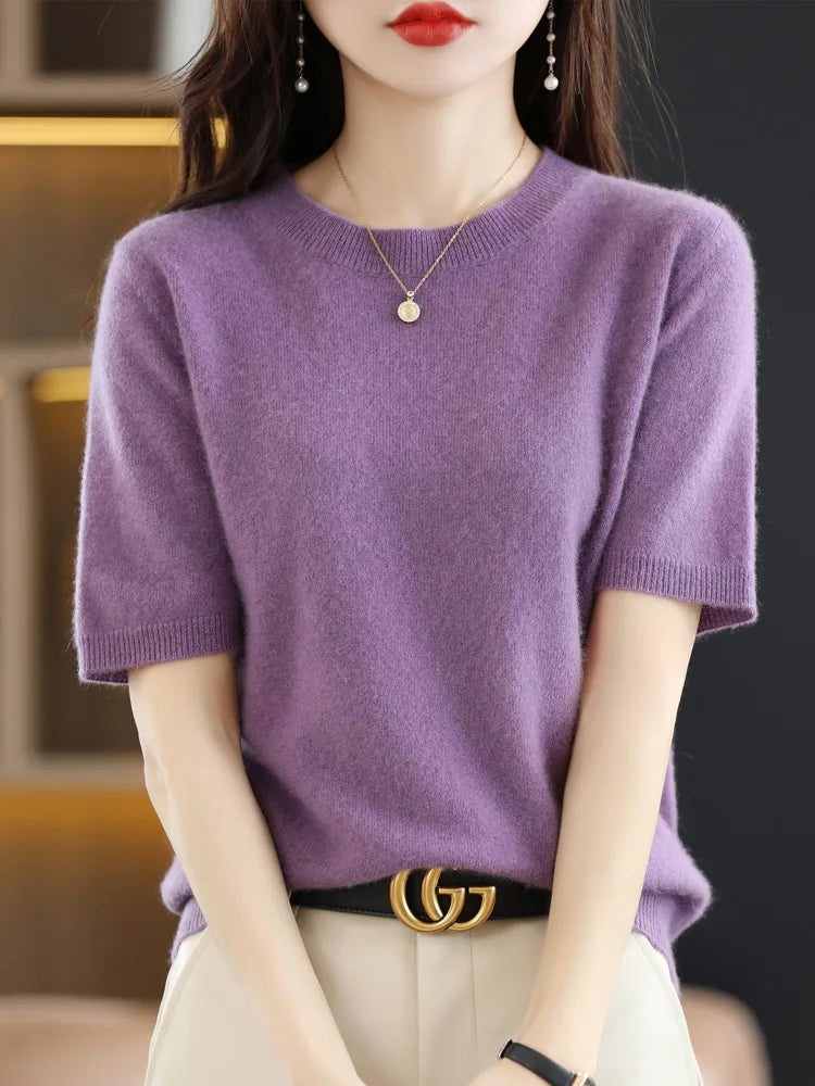 Short-sleeved Knitwear Women O-neck T-shirt Wool Cotton Blend Pullover Vest Sprig Summer Bottoming Tops Sweater Solid Soft-Dollar Bargains Online Shopping Australia