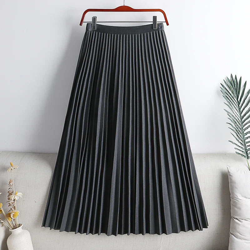 Pleated Skirt Elegant Elastic High Waist A-LINE Office Ladies Work Midi Long Skirt Black Green Grey Autumn Winter Women's Skirt-Dollar Bargains Online Shopping Australia