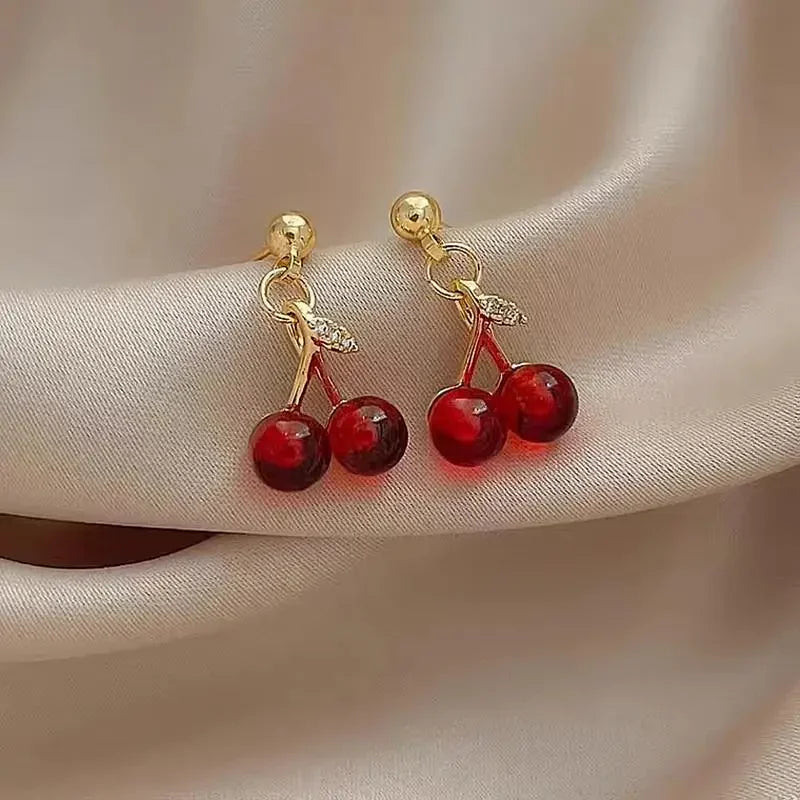 Small Fresh Sweet Red Cherry Earrings Cherries Pendant Earrings for Women Fruit Earrings Stainless Steel Earring Charm Jewelry-Dollar Bargains Online Shopping Australia