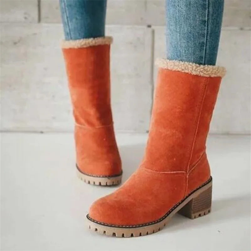 Casual Comfortable Plus Velvet Warm Square Heel Round Toe Solid Color Women's Ankle Boots
