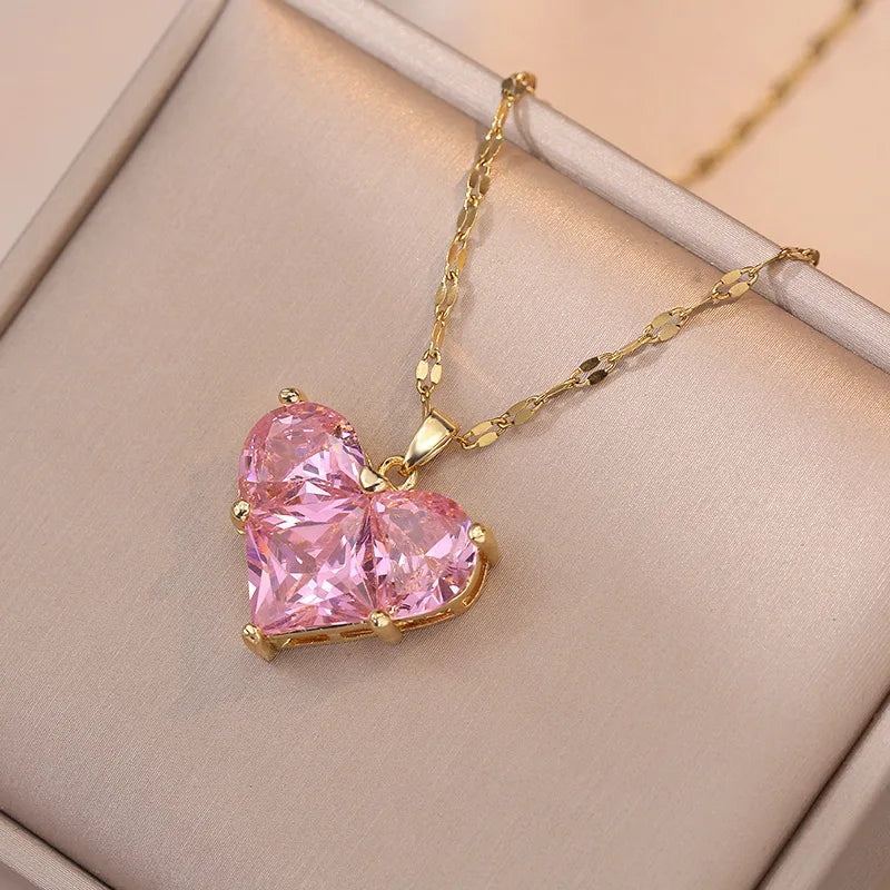 Fashion Cute Pink Heart Necklace Earrings Set Classic Niche Versatile Simple Wedding Clavicle Chain-Dollar Bargains Online Shopping Australia