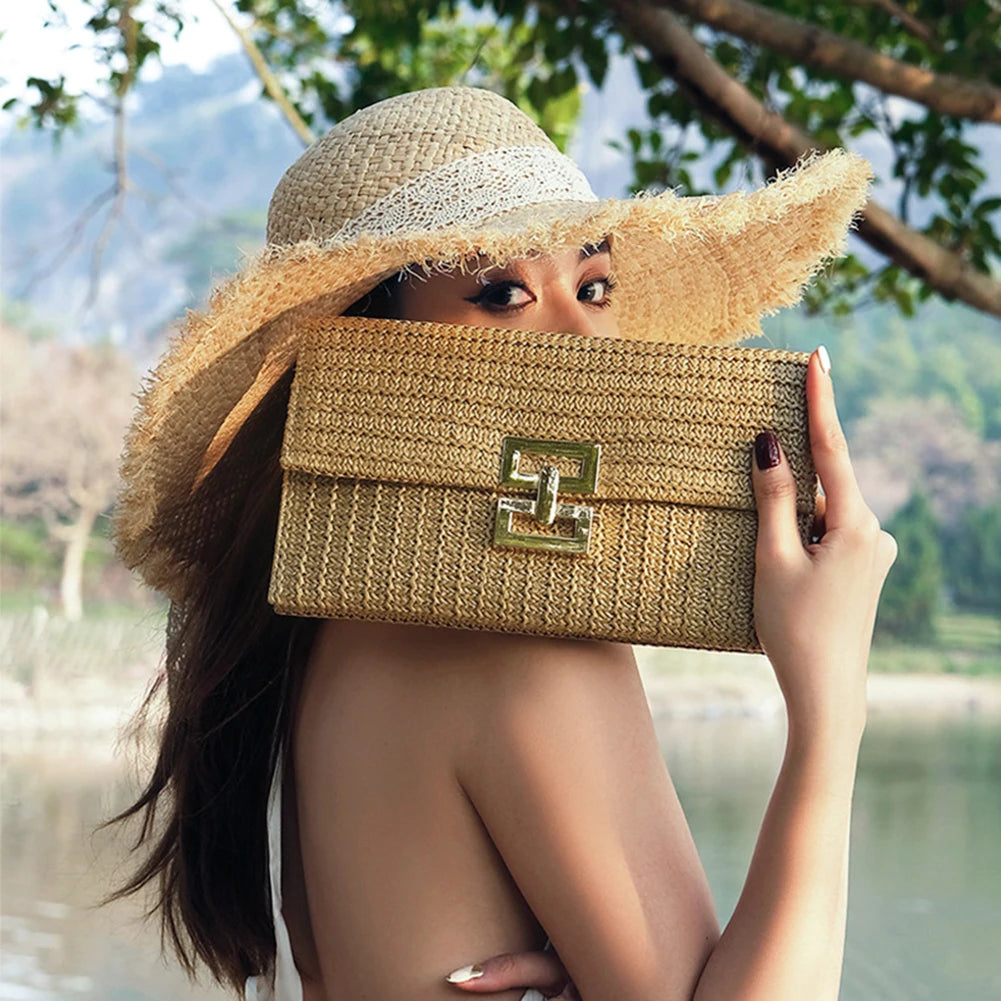 Women Crochet Beach Handbag Versatile Weaving Clutch Bag Simple Clutch Purse Ladies Summer Daily Bag