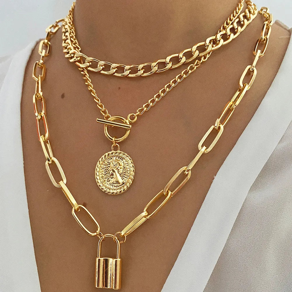 Charm Fashion Multilayer Gold Color Thick Chain Lock Pendant Necklace Jewelry Vintage Coin Choker Necklace-Dollar Bargains Online Shopping Australia