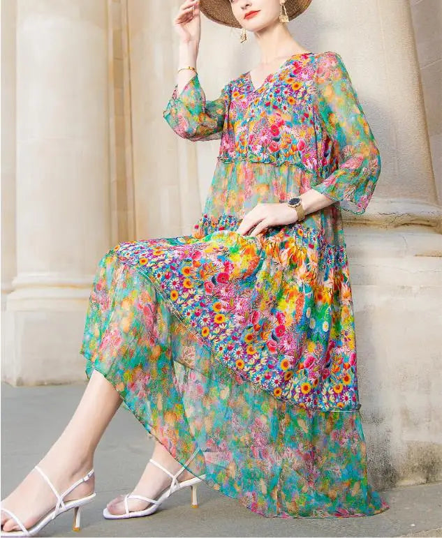 Beach Boho Vintage Print Silk V Neck Dress Elegant Party Robe Designer Loose Midi Dresses-Dollar Bargains Online Shopping Australia