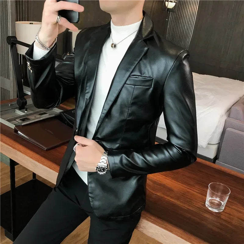 Men Fashion Casual Black White Suit Leather Jacket /Men Solid Color Business Suit Collar PU Blazers Dress Coat