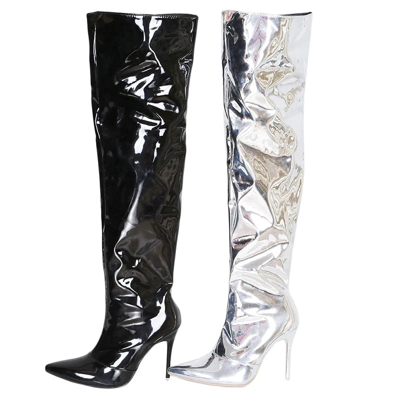 Women Sexy Silver Mirror Thigh High Boots T Show Pointy Toe Club Party Shoes Thin High Heels Over The Knee Long Boots For Women-Dollar Bargains Online Shopping Australia