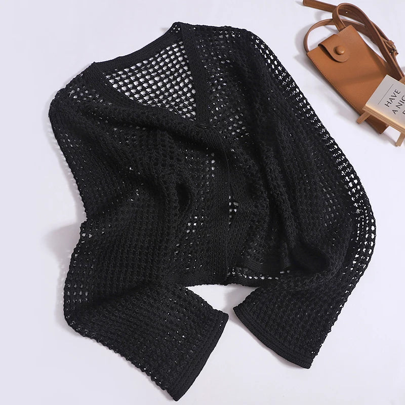 Women New Versatile Hollow Out Cardigan Summer V-neck Loose Sunscreen Shirt Buttons Casual Outer Wear Mesh Lazy Long Sleeved Top-Dollar Bargains Online Shopping Australia