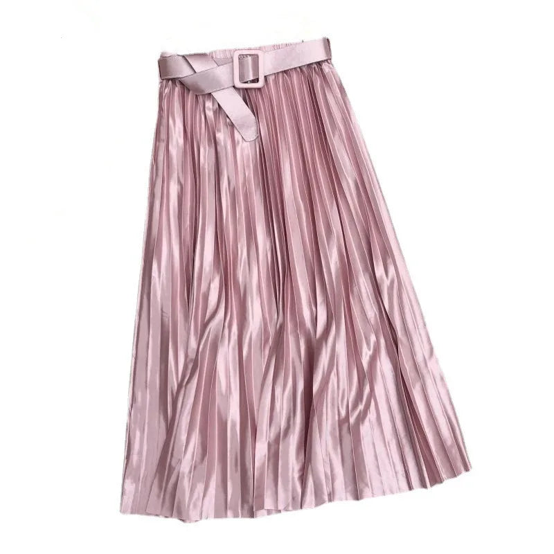 High Waist Elegant Stain Women's Pleated Skirts with Belted Solid Skirts Mi-long Umbrella Skirt Spring Summer