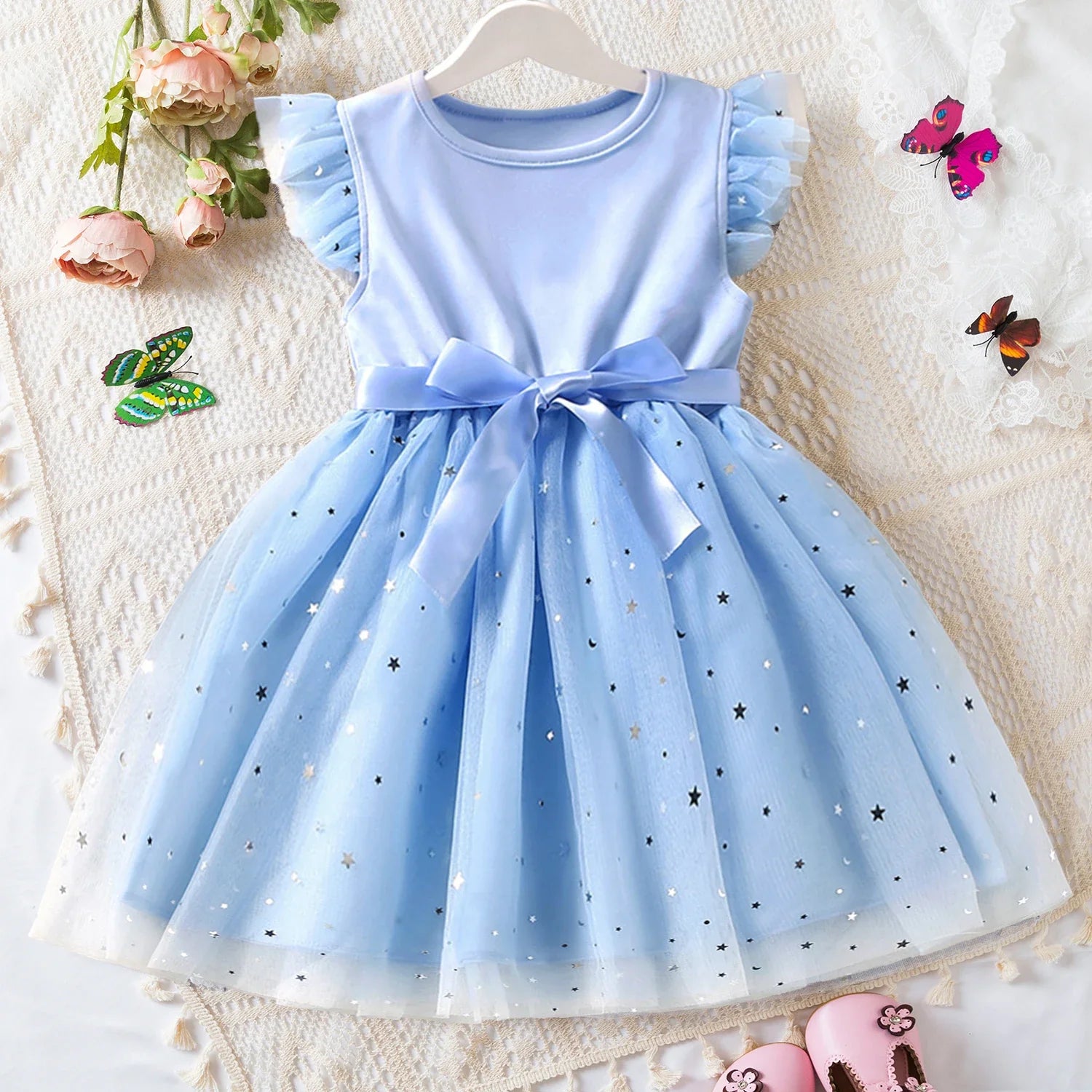 Girls Summer Sleeves Sequins Mesh Dresses for Kids Girls Princess Dress Baby Girl Casual Wear-Dollar Bargains Online Shopping Australia