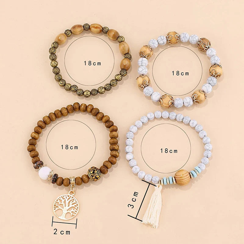 4Pcs/Set Boho Wooden Beaded Bracelet Set For Women Tree Of Life White Tassels Charm Elastic Chain Bangle Lady Bohemia Jewelry-Dollar Bargains Online Shopping Australia