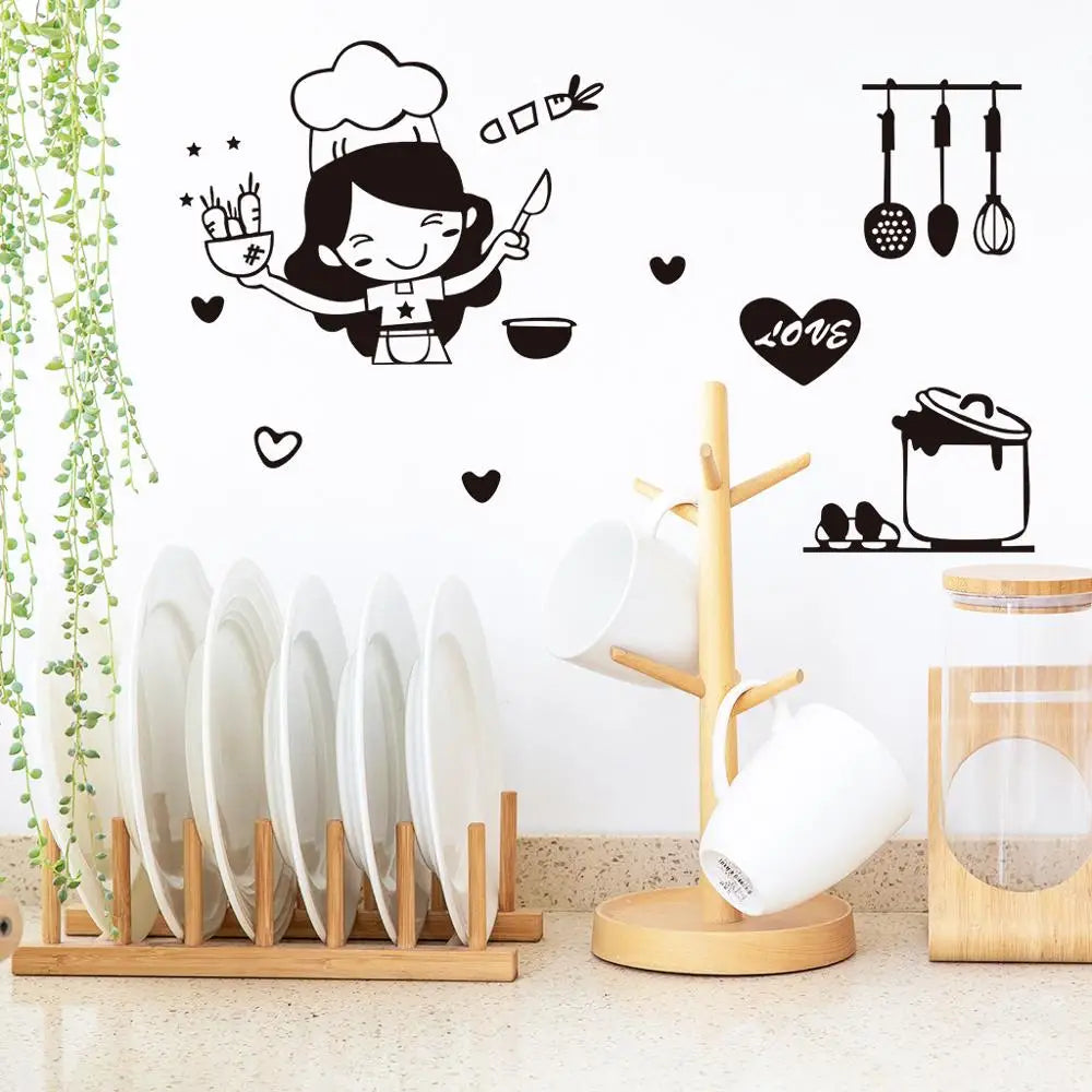 Happy Girl Chef Loves Cooking Wall Sticker Restaurant Bar Kitchen Dining Room Fridge Light Switch Decal DIY Art Home Decor-Dollar Bargains Online Shopping Australia