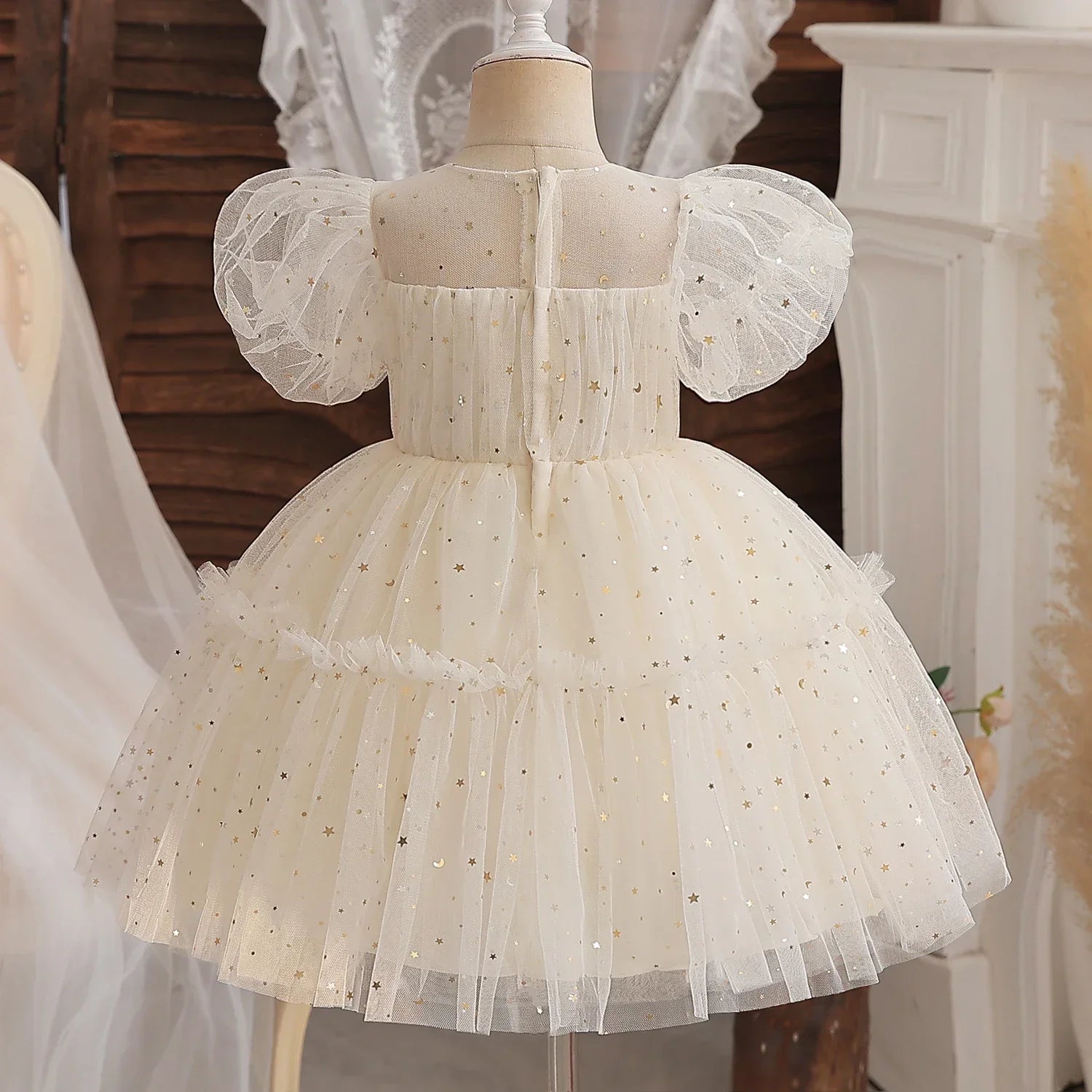 Toddler Girl Party Princess Dress Baby Champagne 1st Birthday Outfits Kids Summer Puff Sleeve Sequin Tutu Gown Girl Gala Clothes-Dollar Bargains Online Shopping Australia