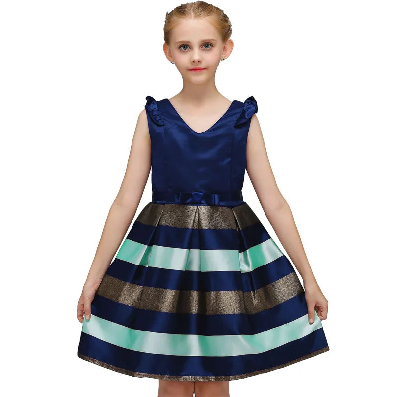 Girls Striped Flying Sleeve Bow Knot Colored Dress Birthday Party Wedding Flower-Dollar Bargains Online Shopping Australia