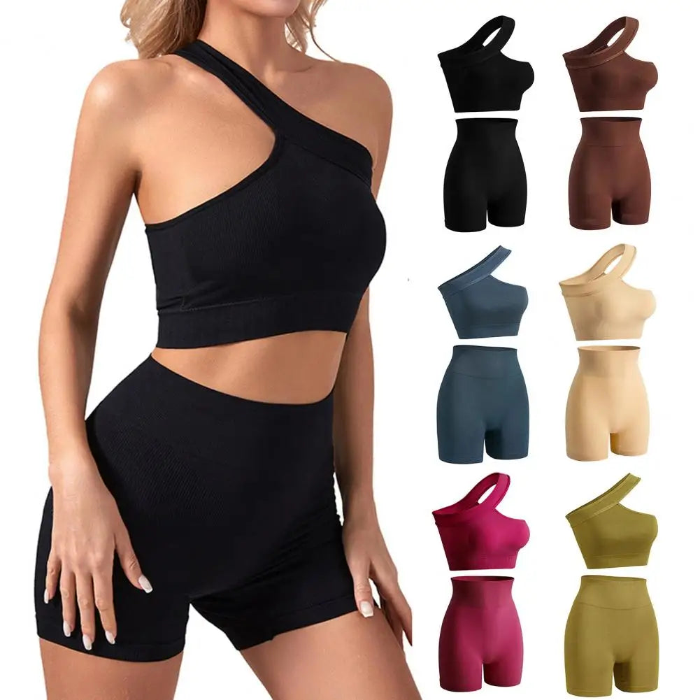 Sportswear Set Yoga Outfit Women's Off Shoulder Yoga Set with High Waist Shorts Butt-lifted Design 2 Piece for Fitness