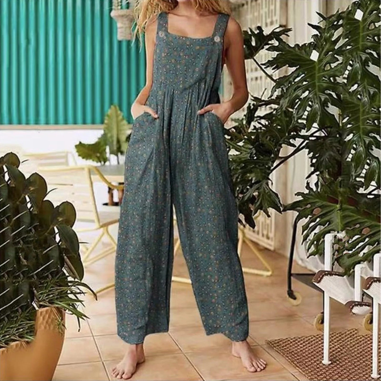 Ethnic Style Patchwork Floral Printed Retro Jumpsuit With Button And Pocket Fashion Colorful Adjustable Strap Pants-Dollar Bargains Online Shopping Australia