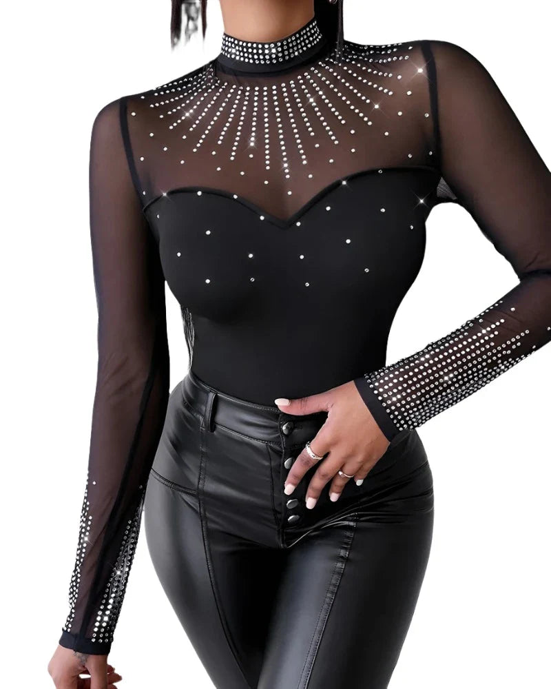 Women Sexy Solid Long Sleeves Contrast Mesh Patch Rhinestone Decor Bodysuits-Dollar Bargains Online Shopping Australia