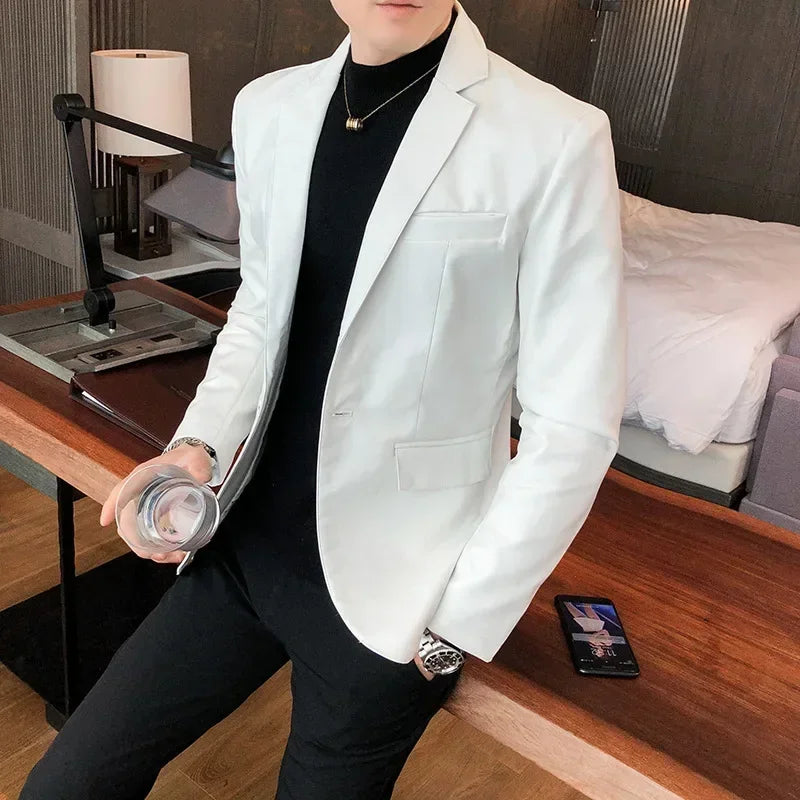 Men Fashion Casual Black White Suit Leather Jacket /Men Solid Color Business Suit Collar PU Blazers Dress Coat