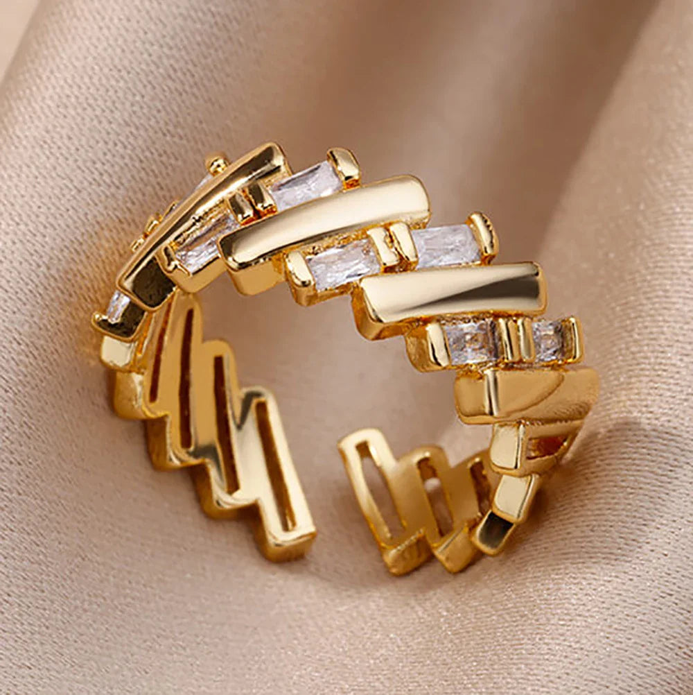 Gold Color Stainless Steel Rings For Women Chain Hollow Out Crystal Zircon Finger Ring-Dollar Bargains Online Shopping Australia