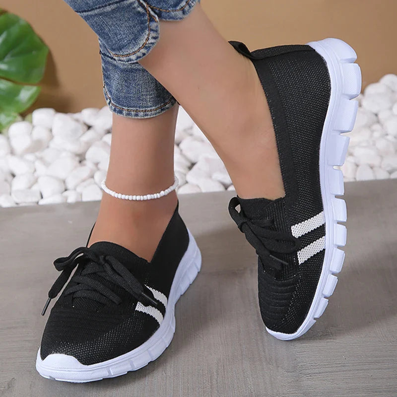 Mesh Knitted Striped Flats Shoes Women Lace Up Casual Sneakers Woman Breathable Soft Sole Loafers-Dollar Bargains Online Shopping Australia