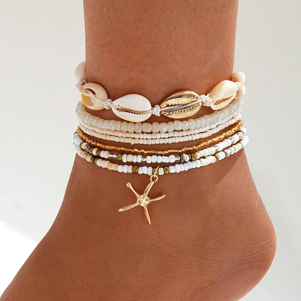 7pc/set Bohemian Rice Beads Starfish Pendant Anklet Set Fashion Summer Beach Sea Shell Multilayer Ankle Bracelet On Foot Jewelry-Dollar Bargains Online Shopping Australia