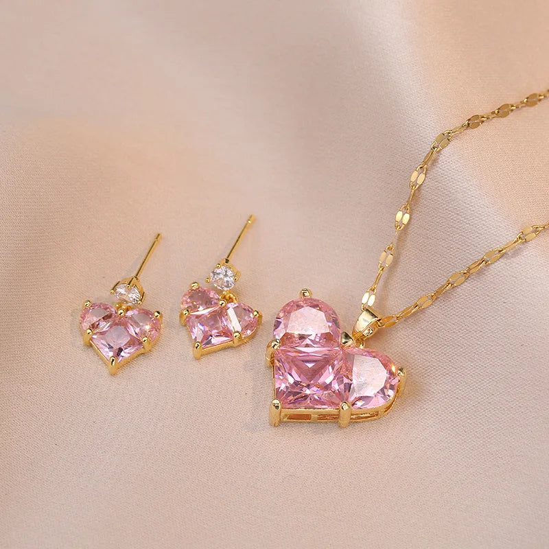 Fashion Cute Pink Heart Necklace Earrings Set Classic Niche Versatile Simple Wedding Clavicle Chain-Dollar Bargains Online Shopping Australia