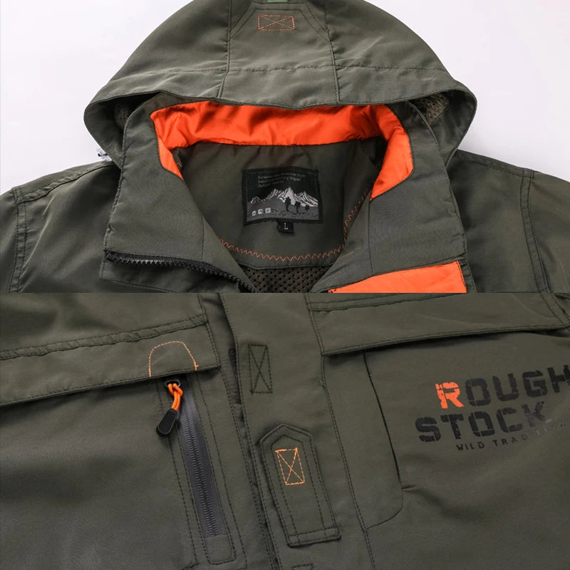 Men Tactical Zipper Jacket Outdoor Hooded Multi Pocket Windbreaker Waterproof Fashion Coat Camping Triping Casual Spring Clothes