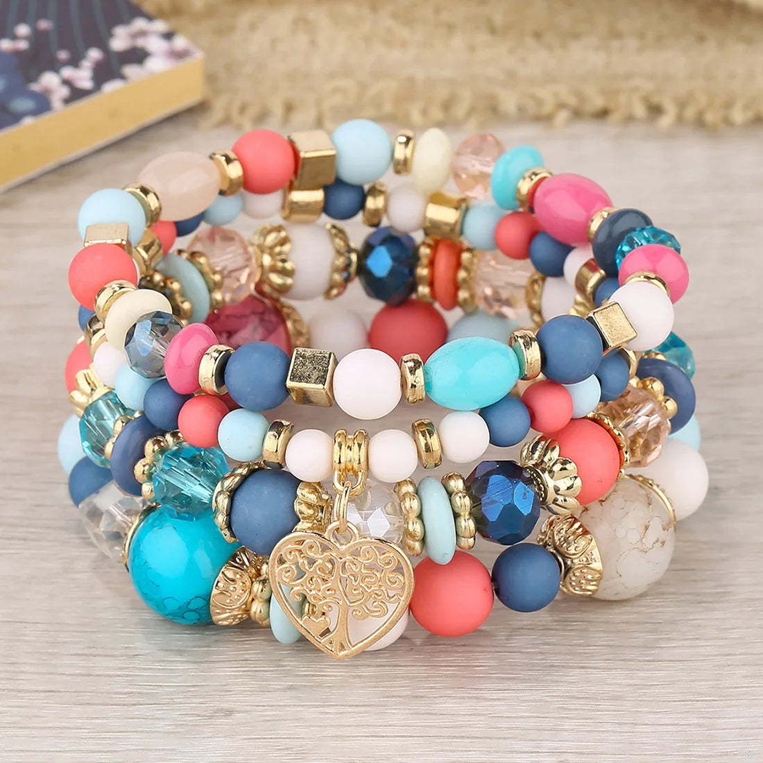 Bohemian Pink Crystal Beads Heart Charm Bracelets Women Girls Ethnic Tree Of Life Charm Wrap Bracelet-Dollar Bargains Online Shopping Australia