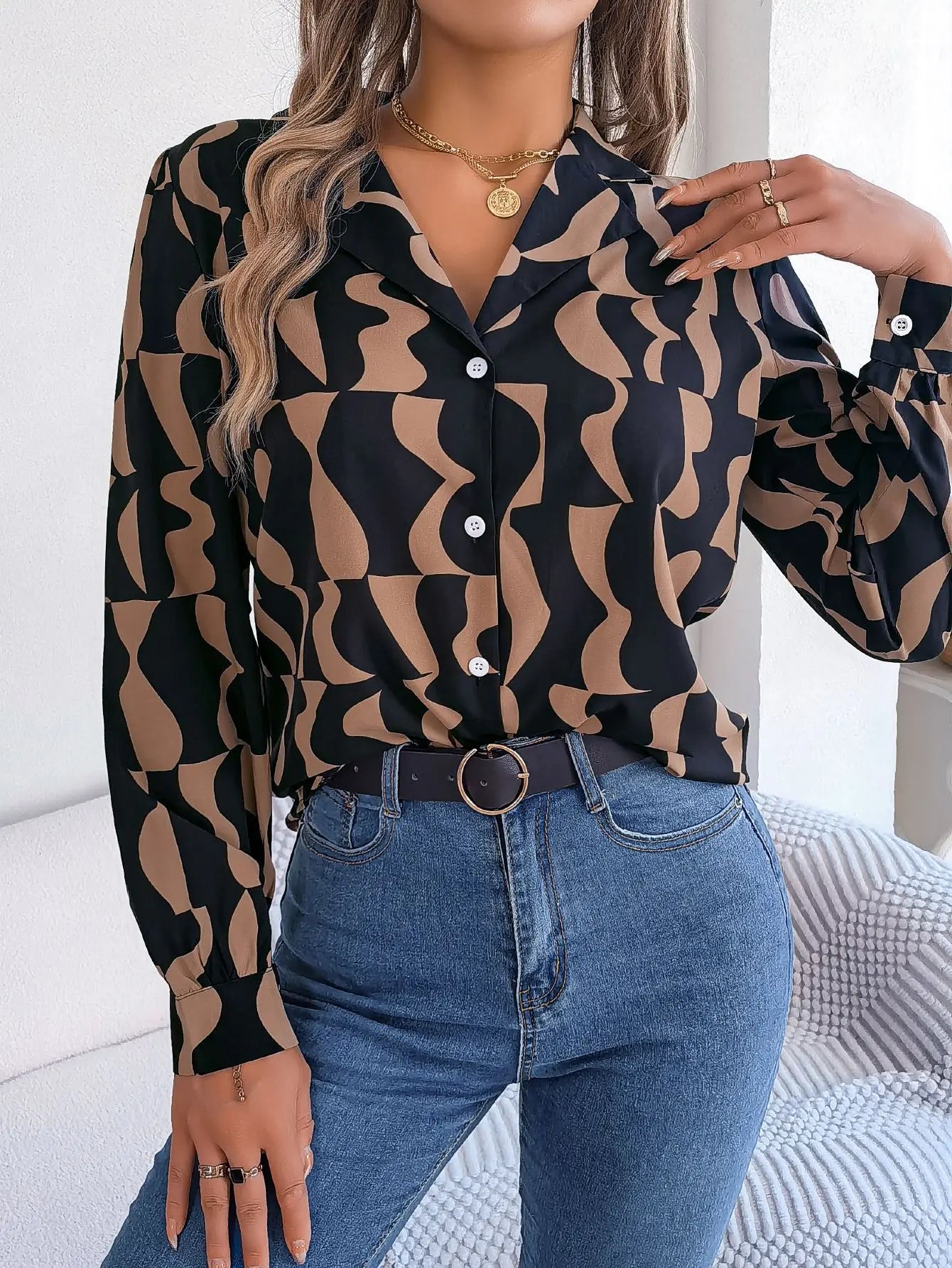 Office Lady Shirts Contrast Stripe Notched Collar Long Sleeve Tops Women Single Breasted Elegant Shirt-Dollar Bargains Online Shopping Australia