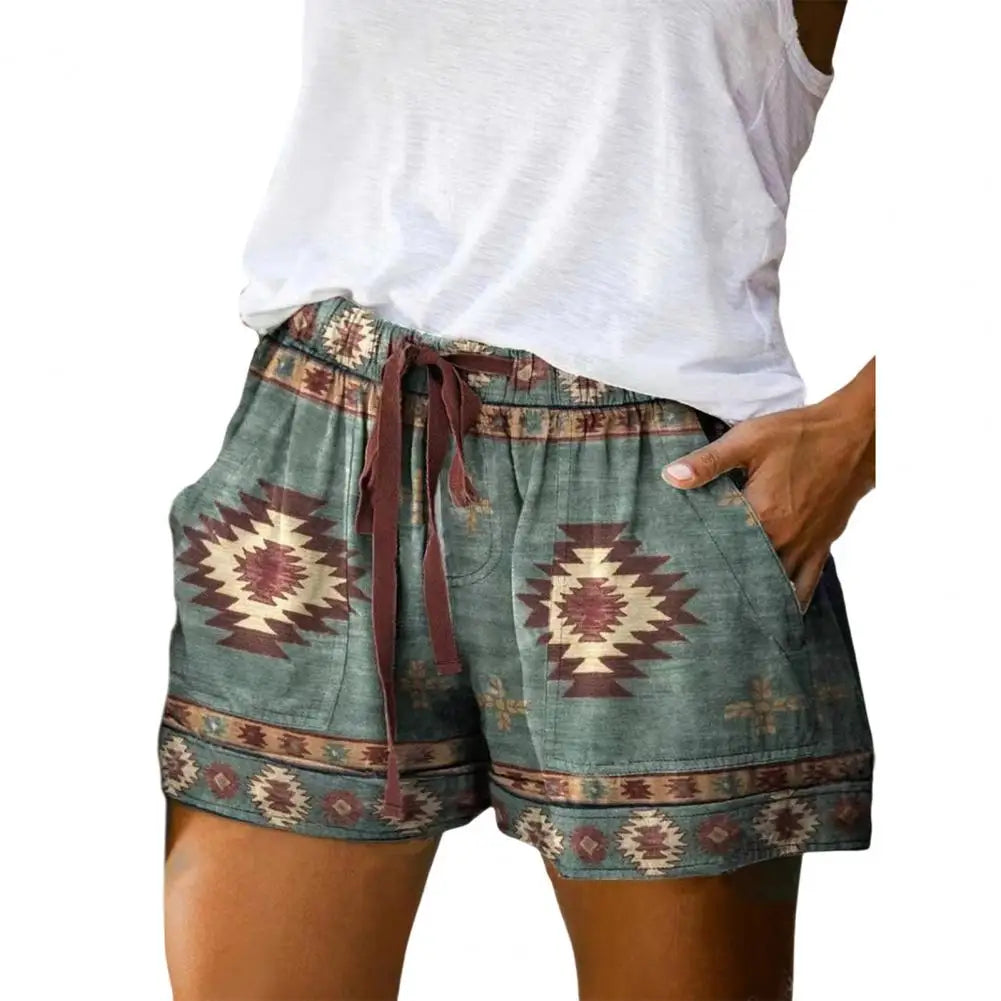 Beach Shorts Summer High Waist Elastic Waistband Short Pants Pockets Women Shorts Retro Print Drawstring Loose Shorts Streetwear-Dollar Bargains Online Shopping Australia