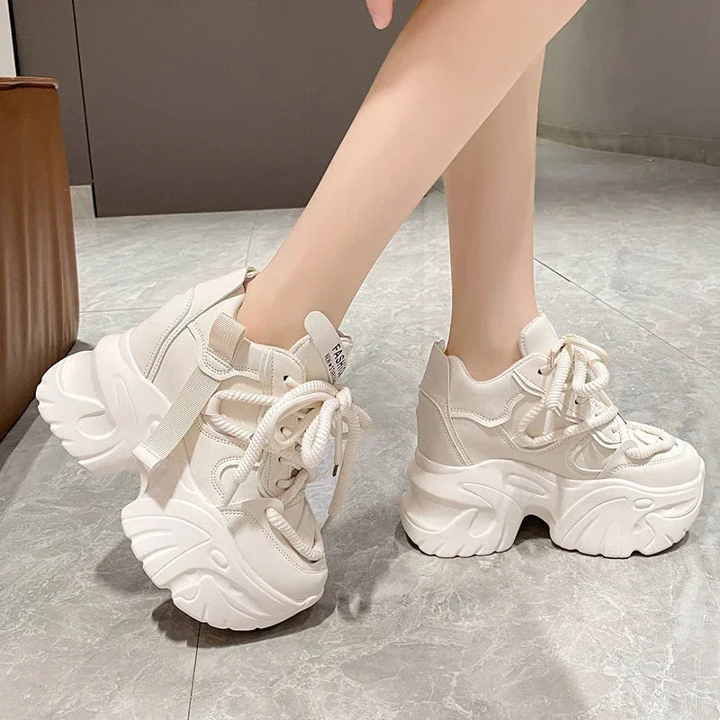 Women Walking Sneakers Autumn Lace-up High Platform Chunky Shoes Breathable Leather Shoes 10CM Winter Wedge Heels Casual Shoes-Dollar Bargains Online Shopping Australia