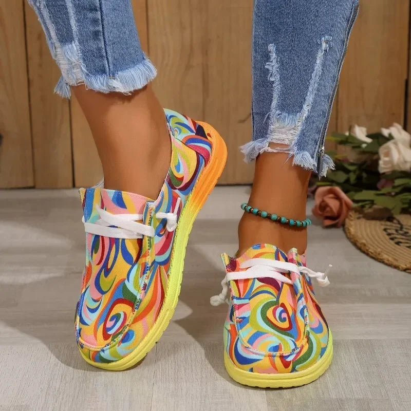 Women Ethnic Rainbow Canvas Shoes Autumn New Casual Daily Ladies Flat Shoes Round Toe Multi-Color Print Lace-up Sneakers-Dollar Bargains Online Shopping Australia