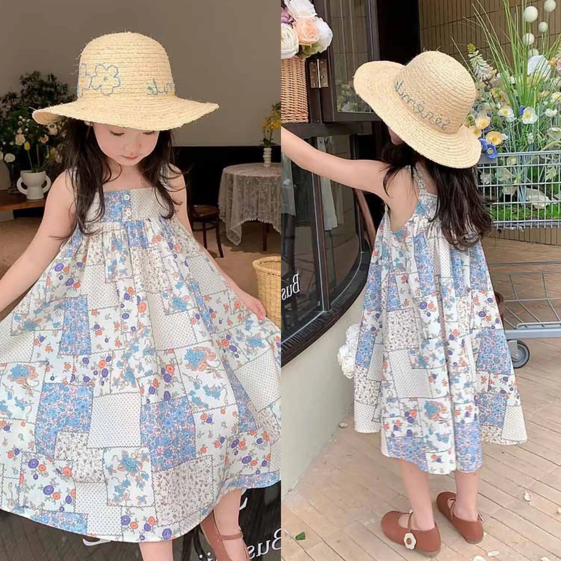 Girls Strap Dress Plaid Flower New Casual Dress Sweet Long Dress-Dollar Bargains Online Shopping Australia