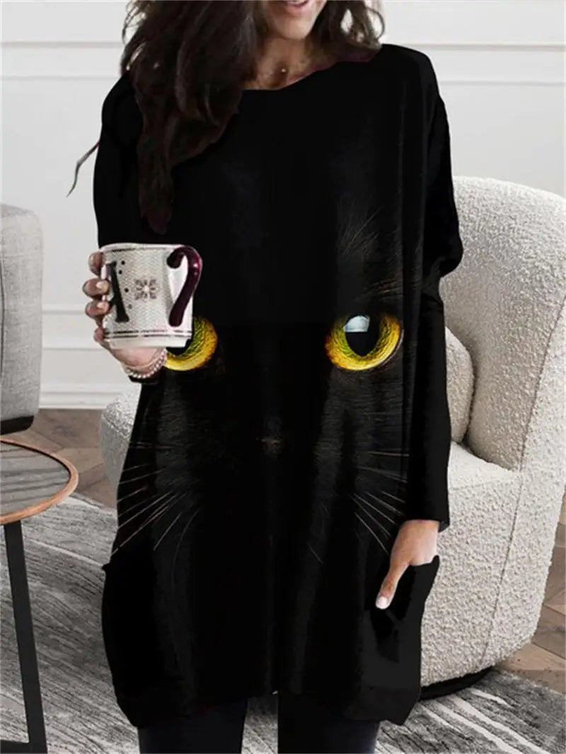 long hoodless sweatshirt 3D printing Halloween Black Cat pattern top-Dollar Bargains Online Shopping Australia